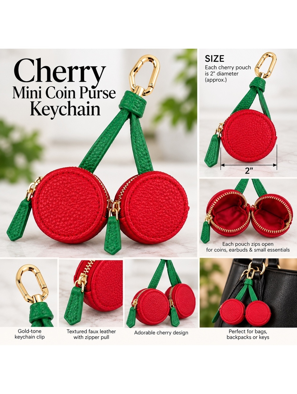 Cherry Mini Coin Purse Keychain with Gold-Tone Clip